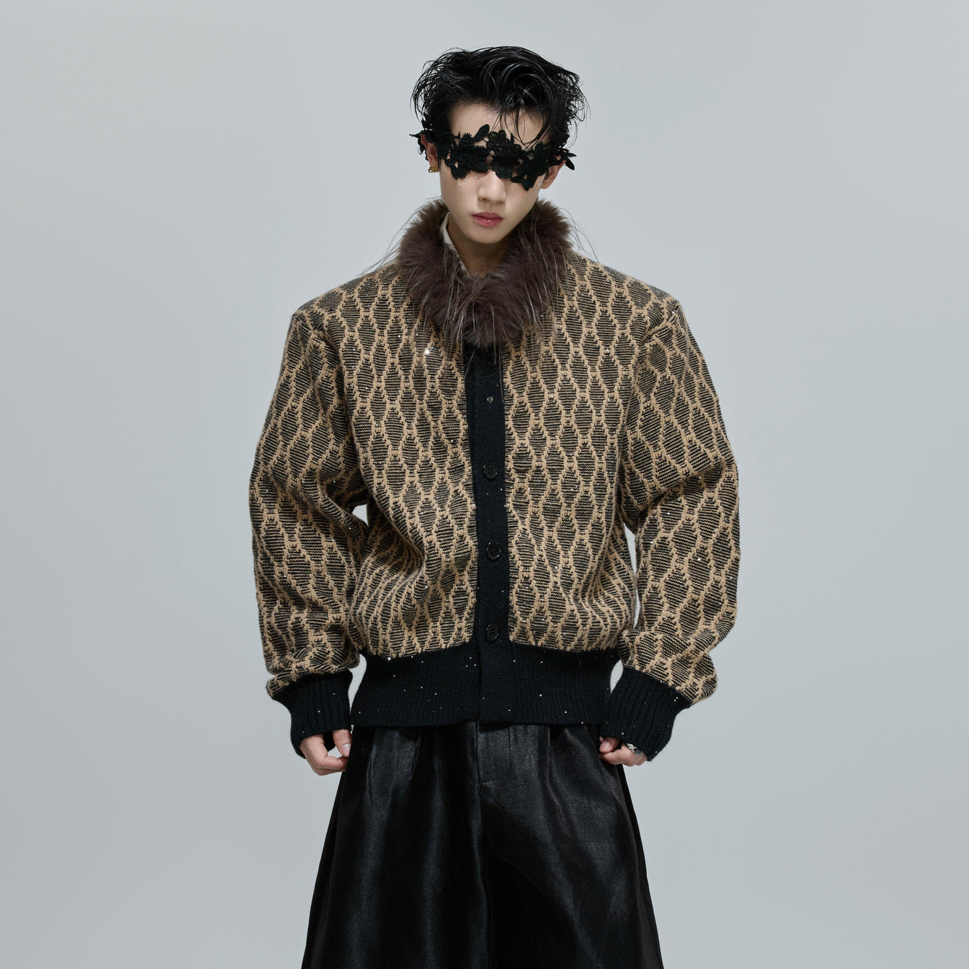 Faux Fur Neck Patterned Jacket