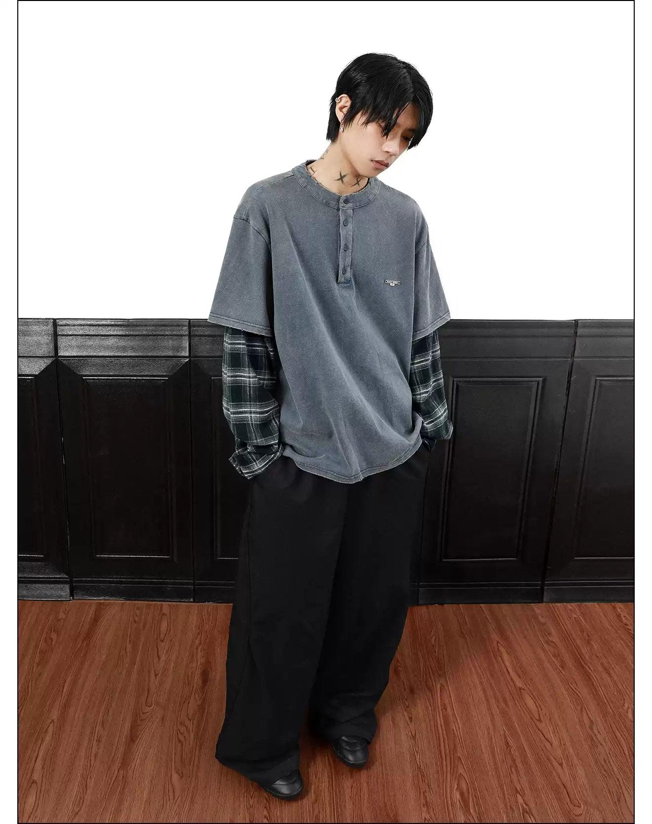 Washed Layered Plaid Long Sleeve T-Shirt