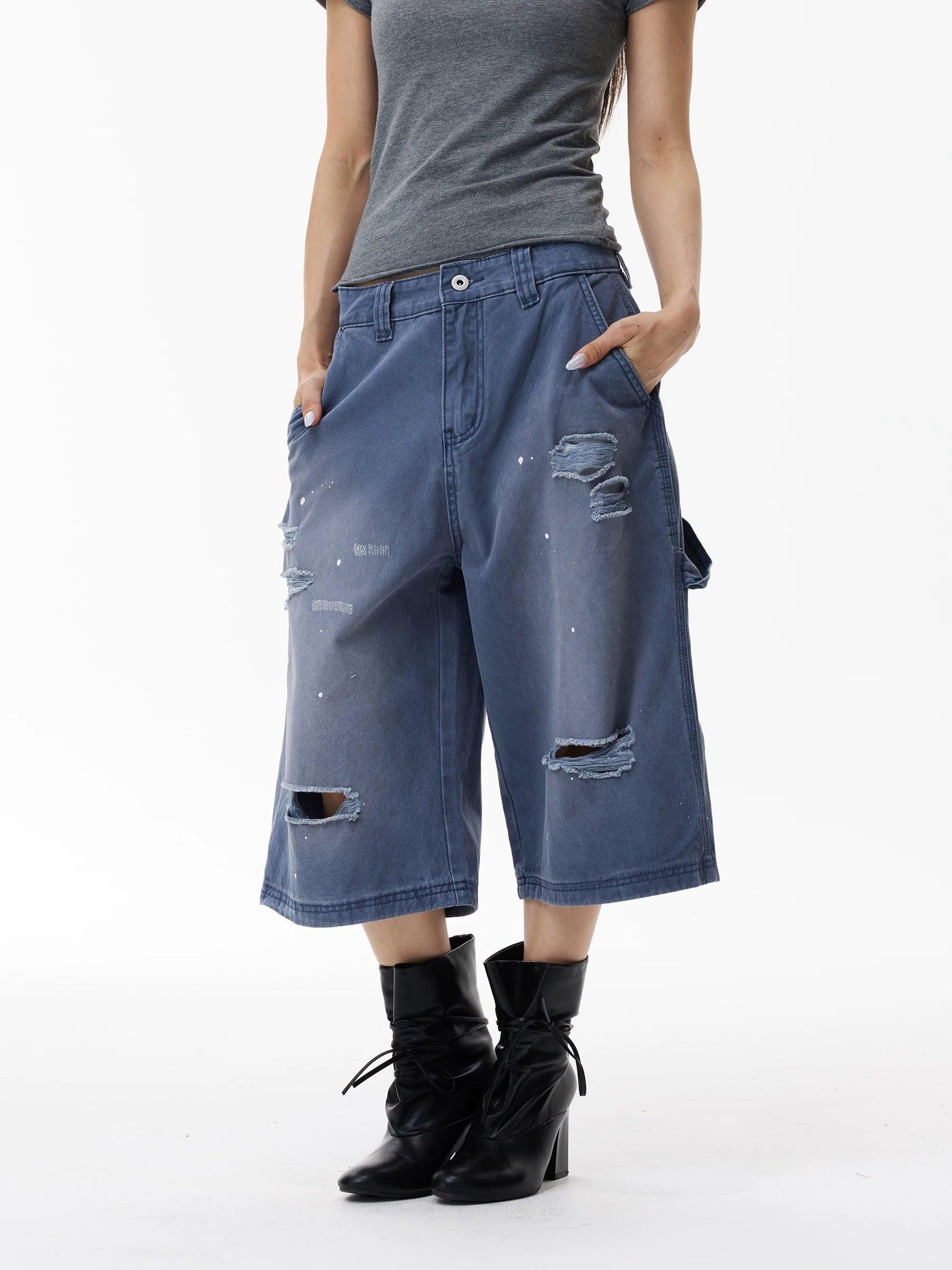 Washed Distressed Cargo Denim Shorts