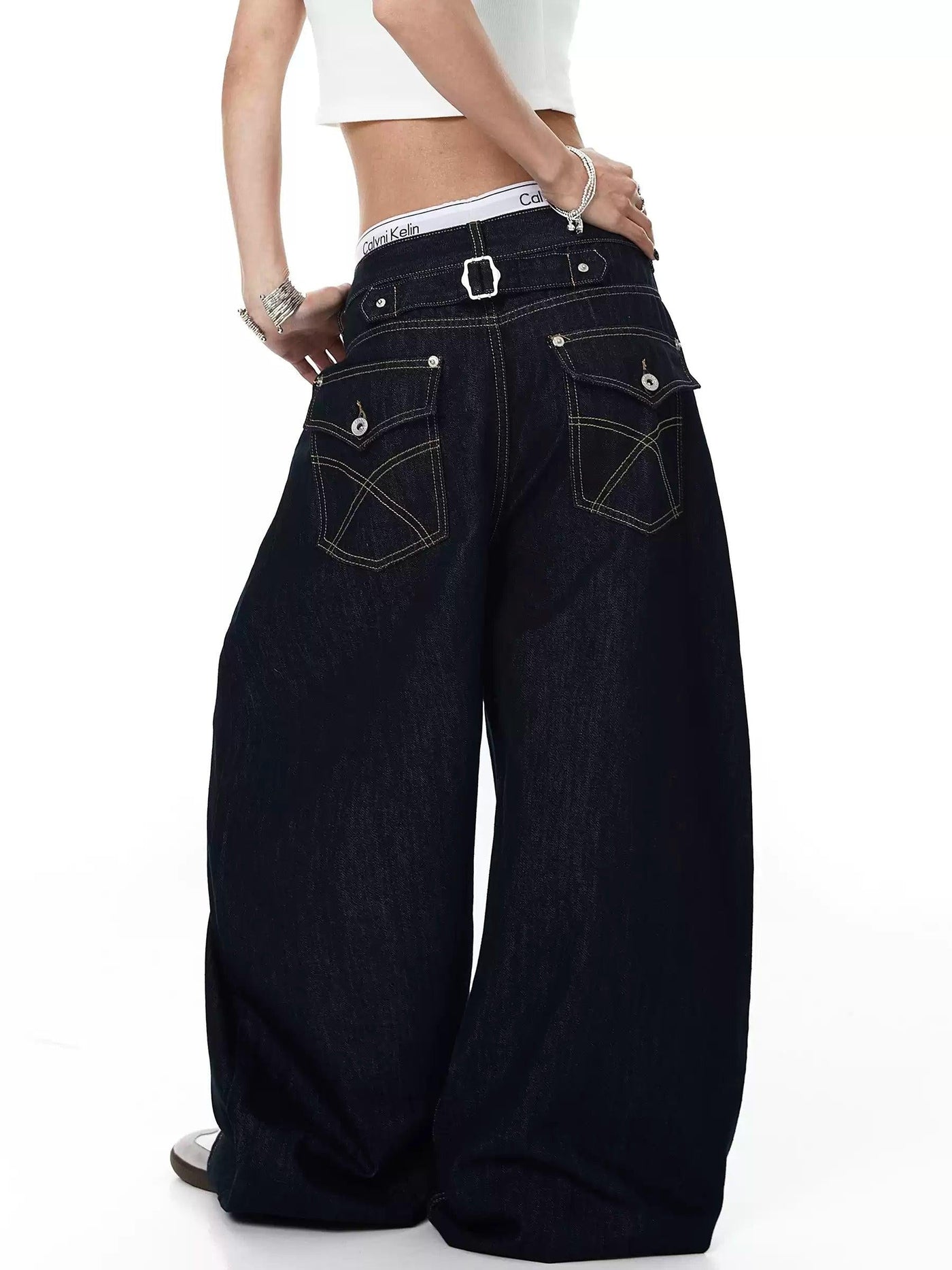 Contrast Fold Pocket Wide Leg Jeans