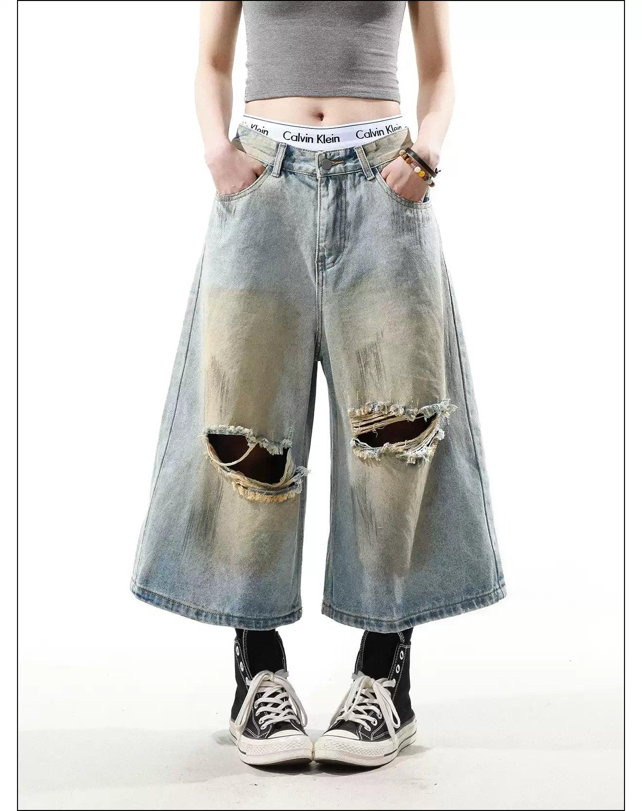 Stone Washed Ripped Denim Shorts
