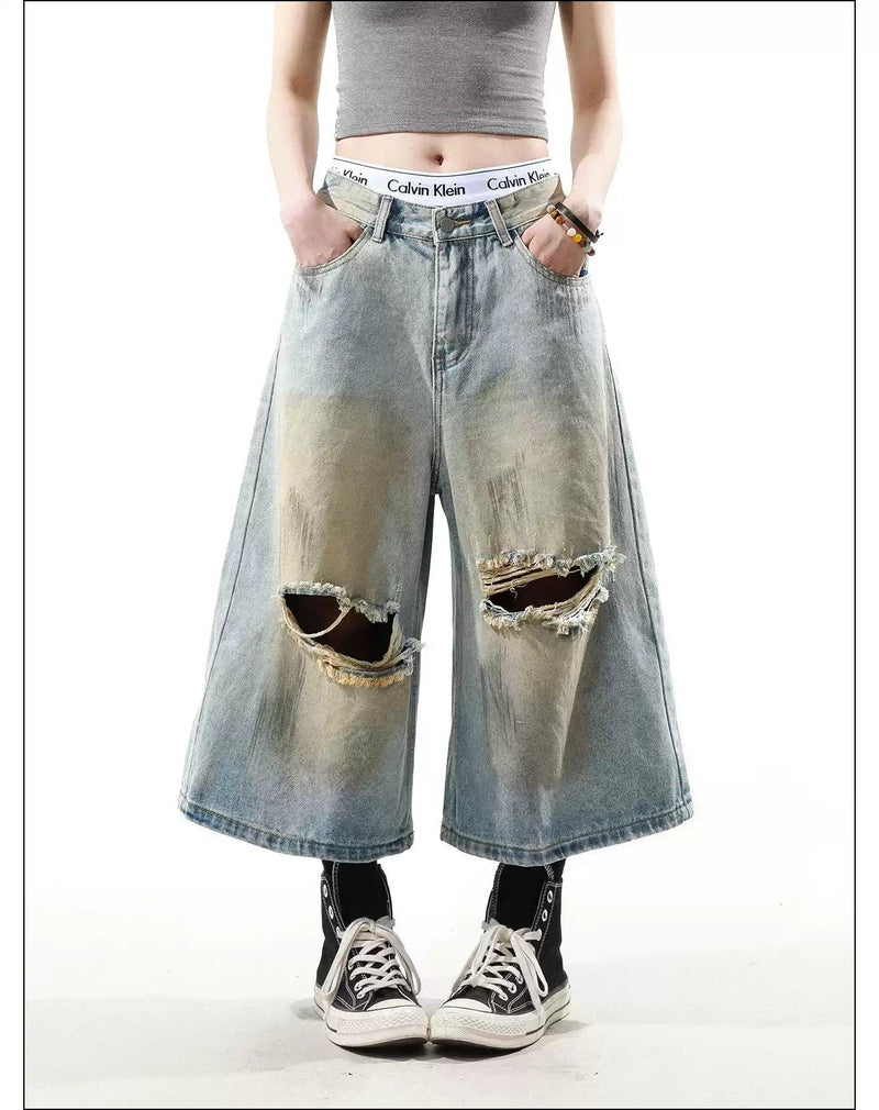 Stone Washed Ripped Denim Shorts