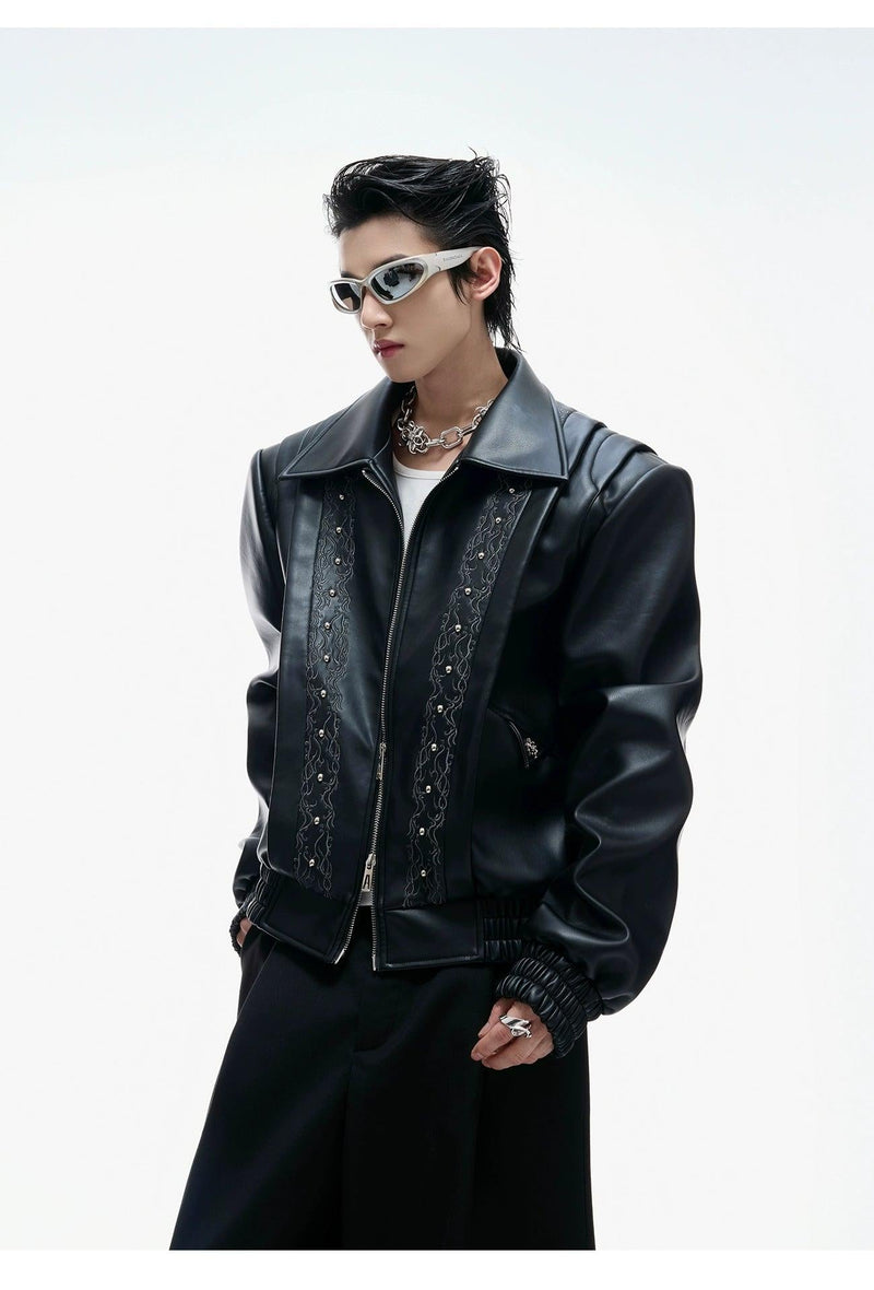 Vine Embroidery Structured PU Leather Jacket