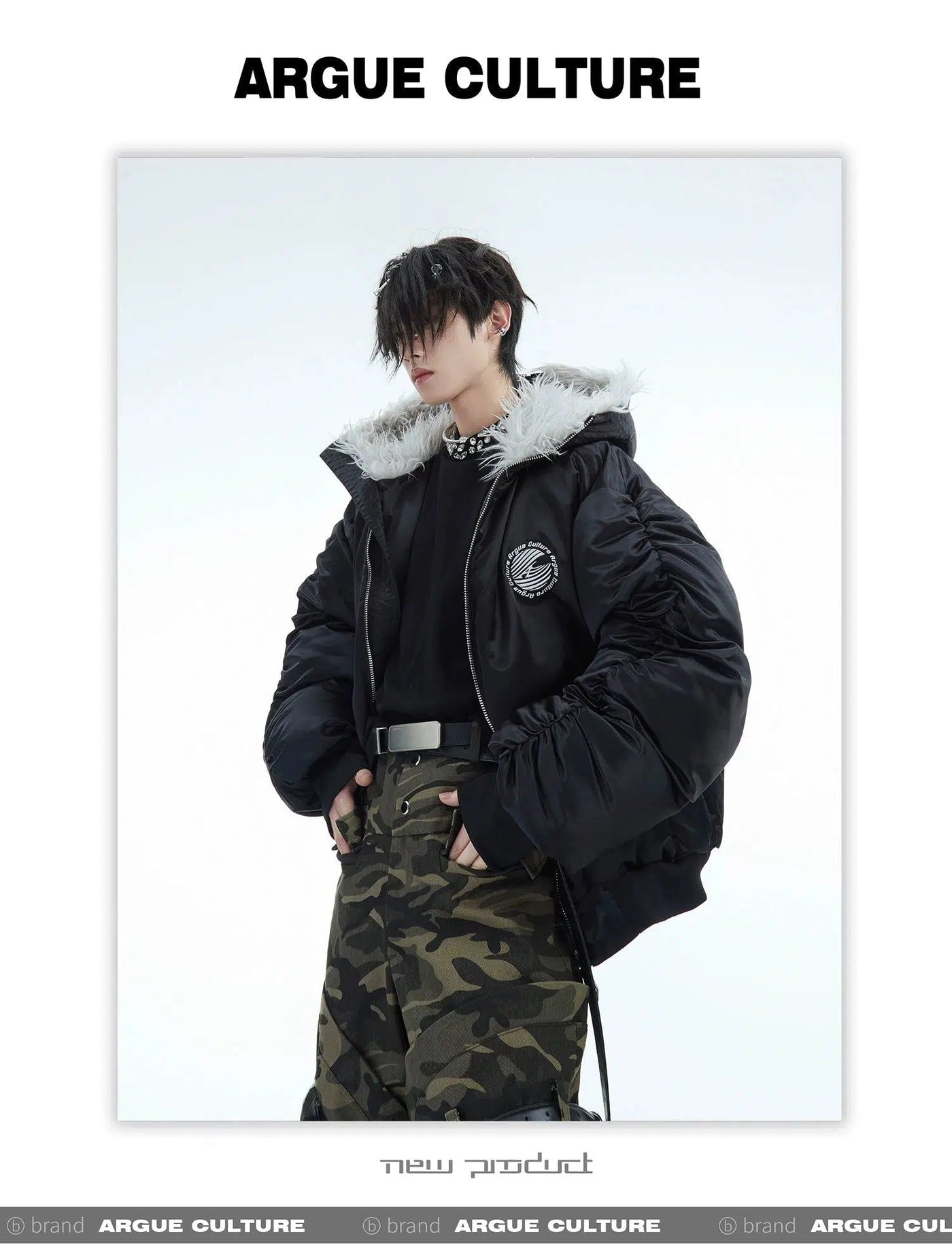 Pleated Fur Hooded Bomber Jacket