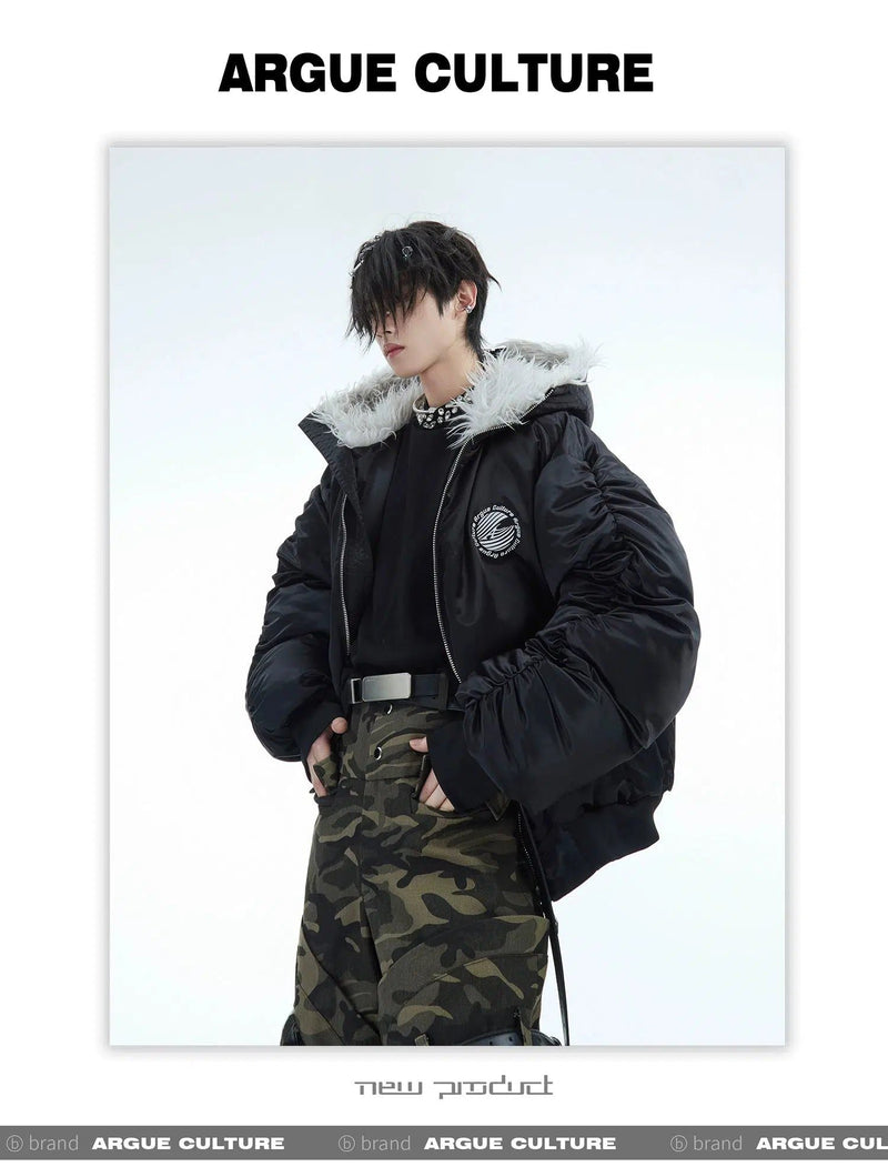 Pleated Fur Hooded Bomber Jacket