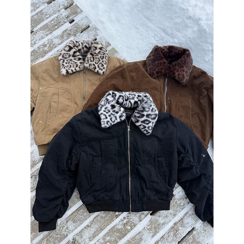 Leopard Print Faux Fur Collar Denim Jacket