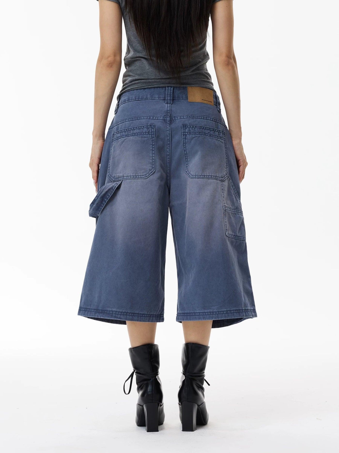 Washed Distressed Cargo Denim Shorts