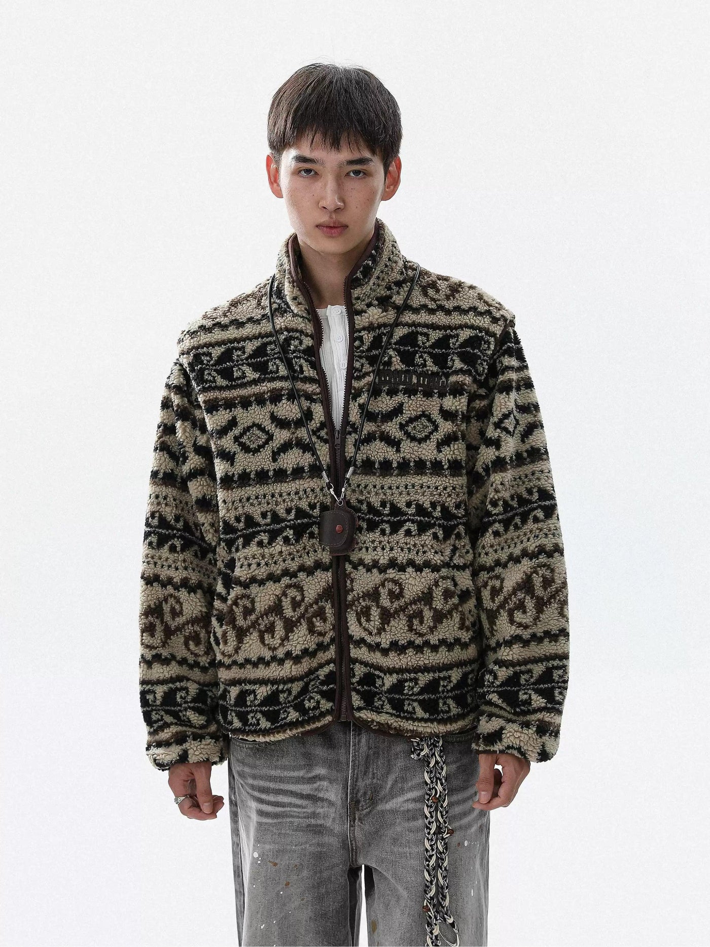 Detachable Sleeve Patterned Fleece Jacket