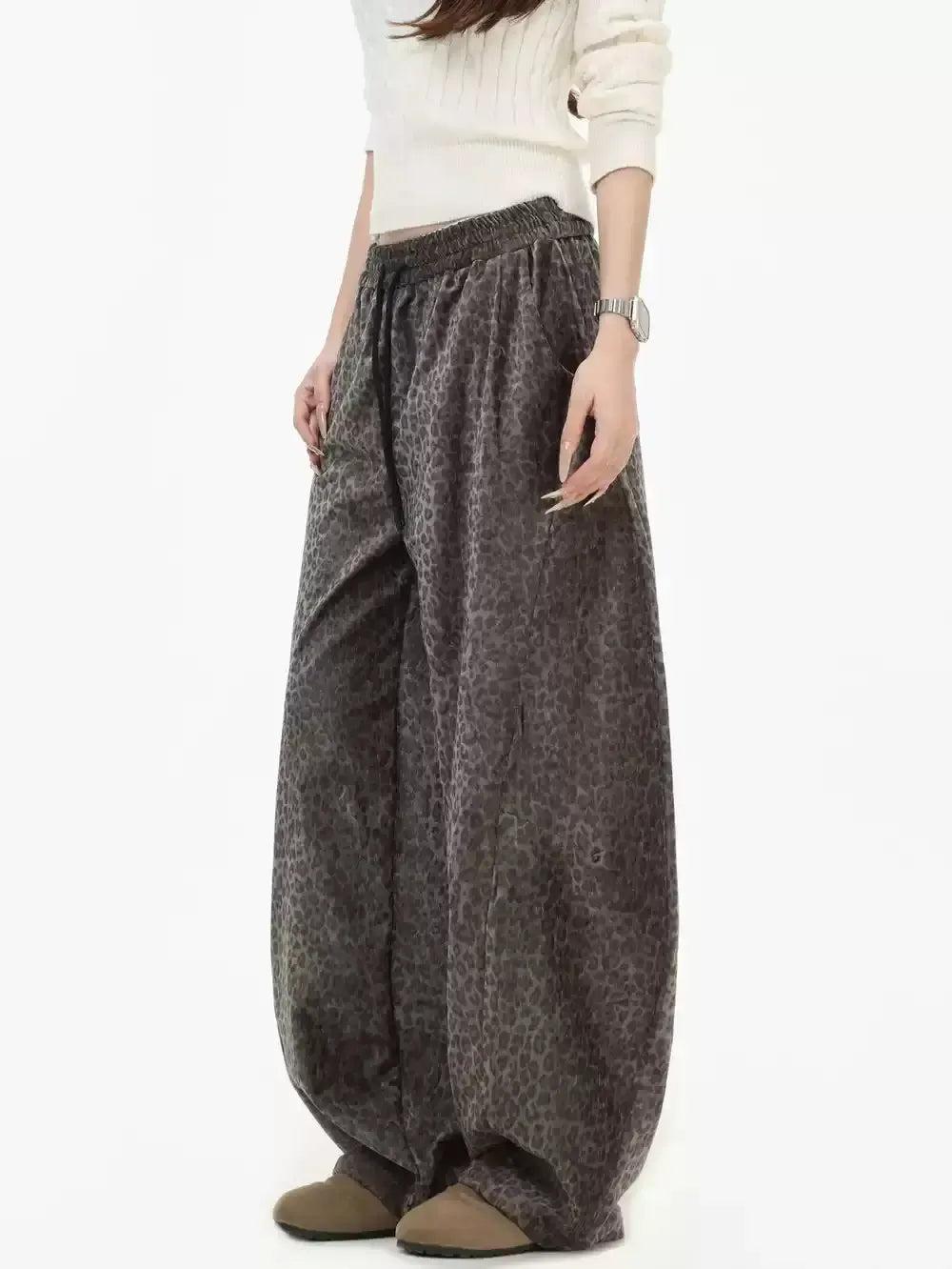 Drawstring Leopard Print Wide Pants