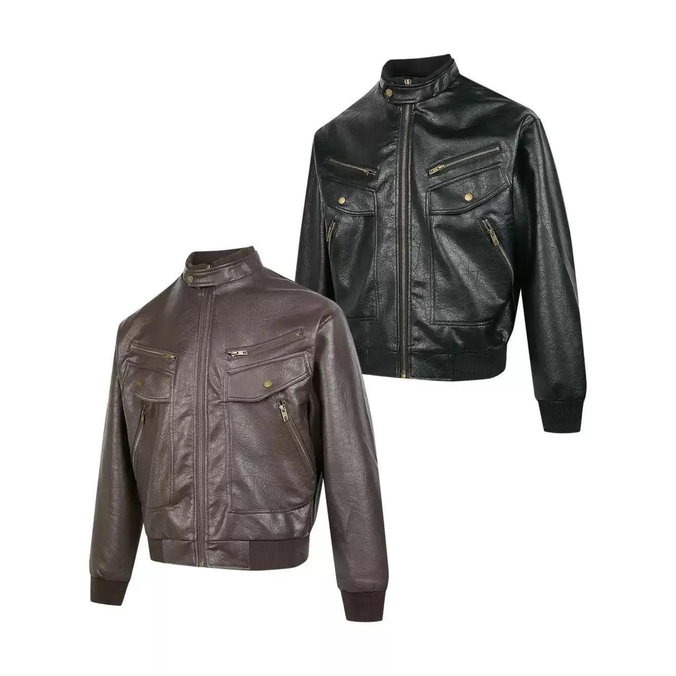 Multiple Zips Textured PU Leather Jacket