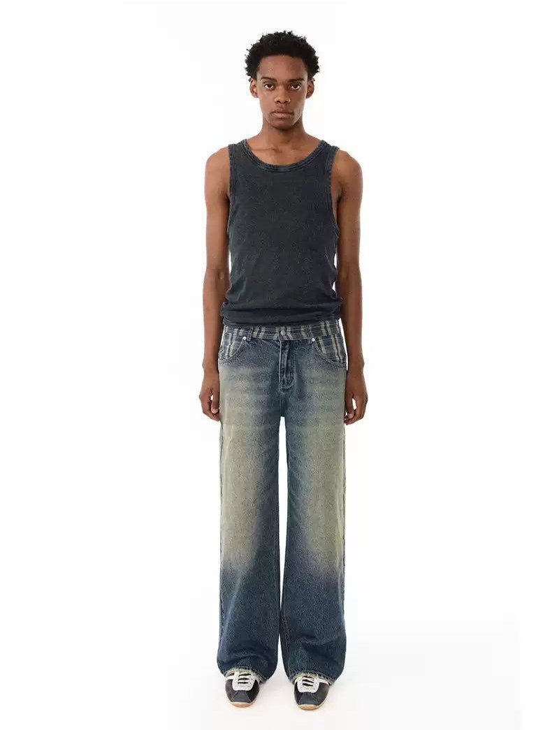 Fade Highlight Plaid Splice Jeans