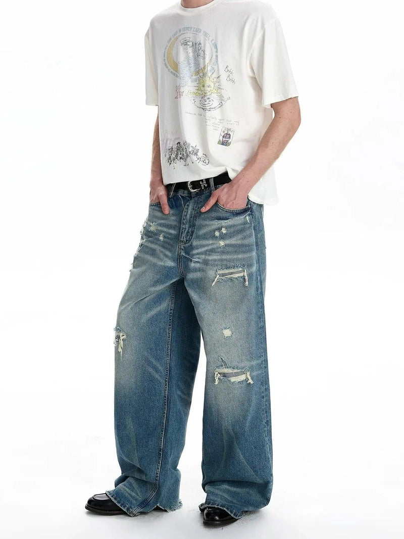 Distressed Washed Straight Jeans