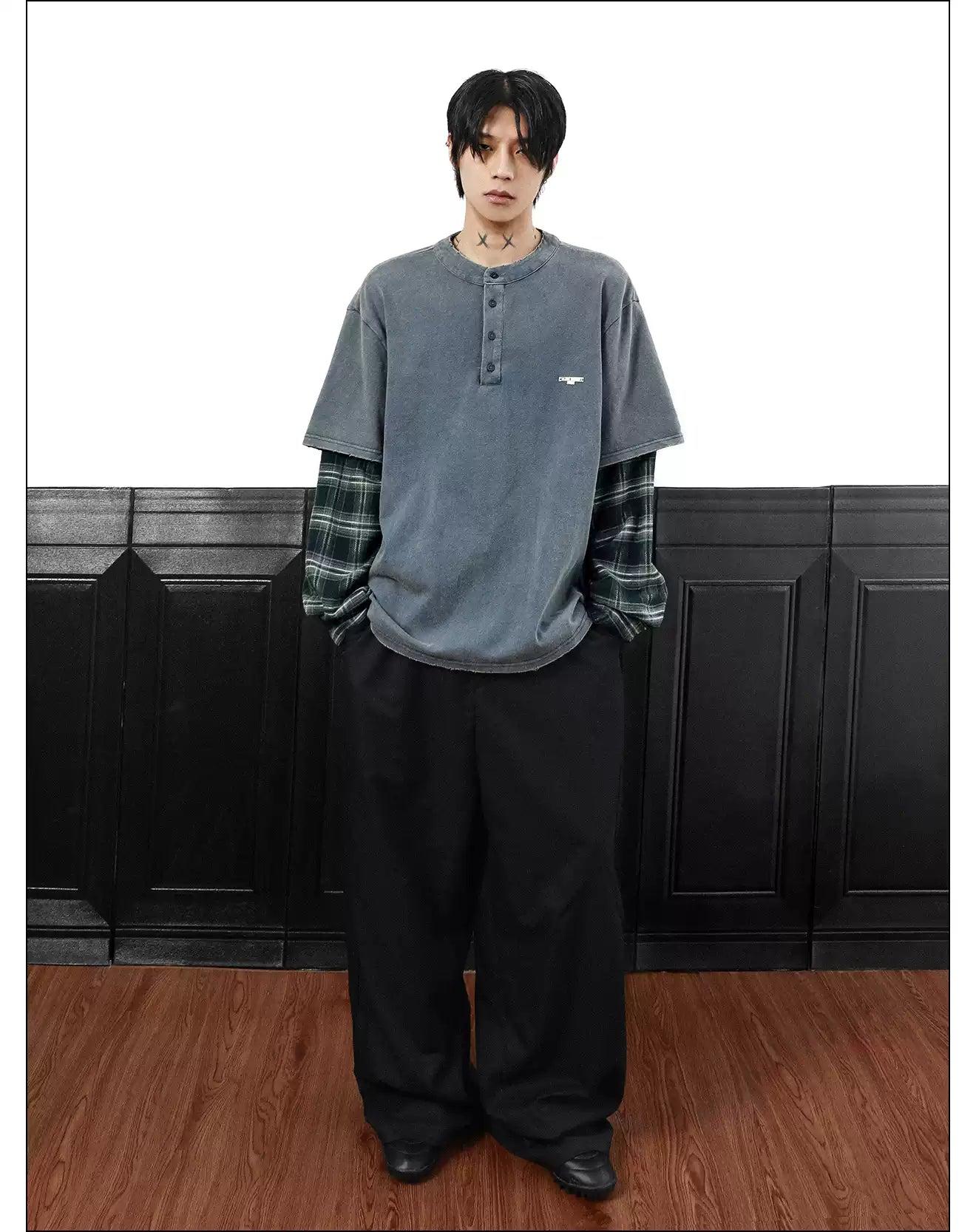 Washed Layered Plaid Long Sleeve T-Shirt