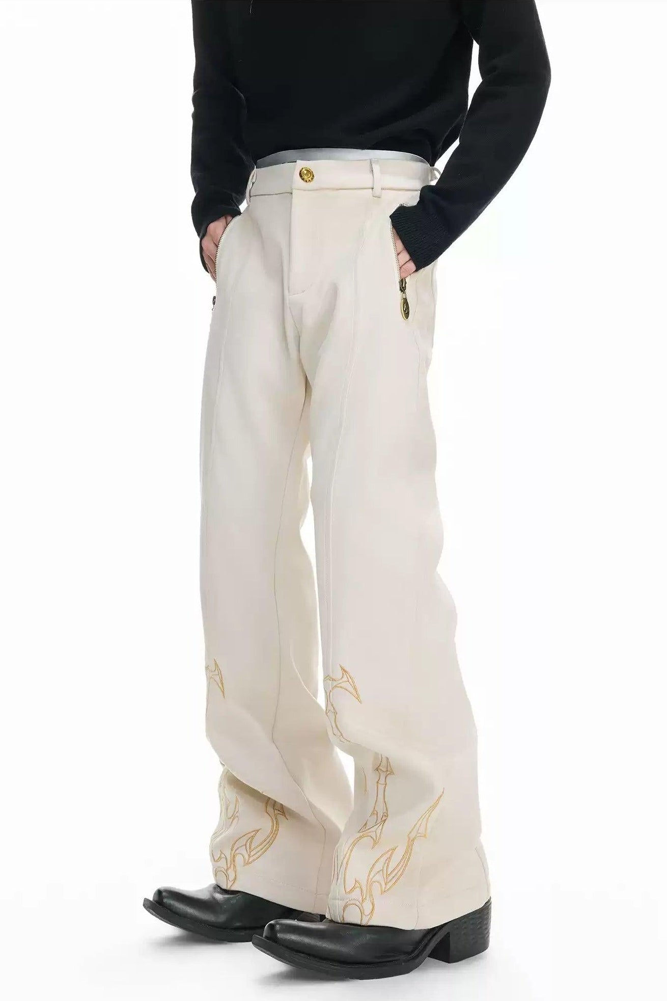 Contrast Embroidered Straight Pants