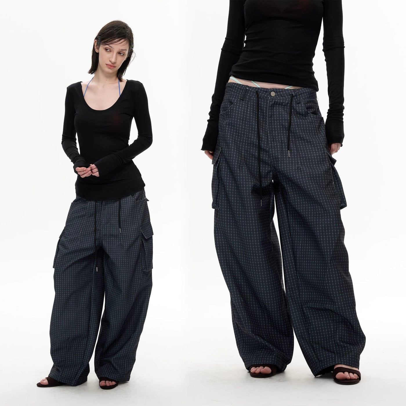 Embossed Pockets Patterned Barrel Pants