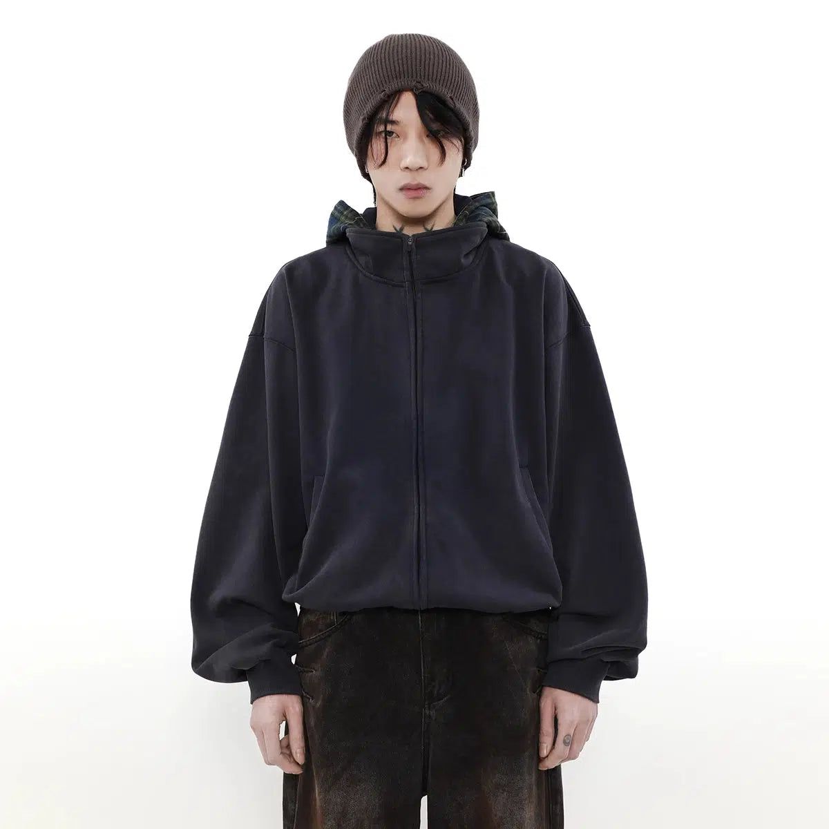Plaid Hood Zipped Hoodie