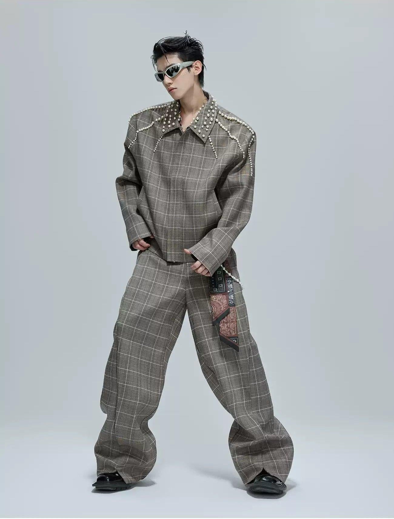 Pearled Line Checked Shirt & Wide Pants Set