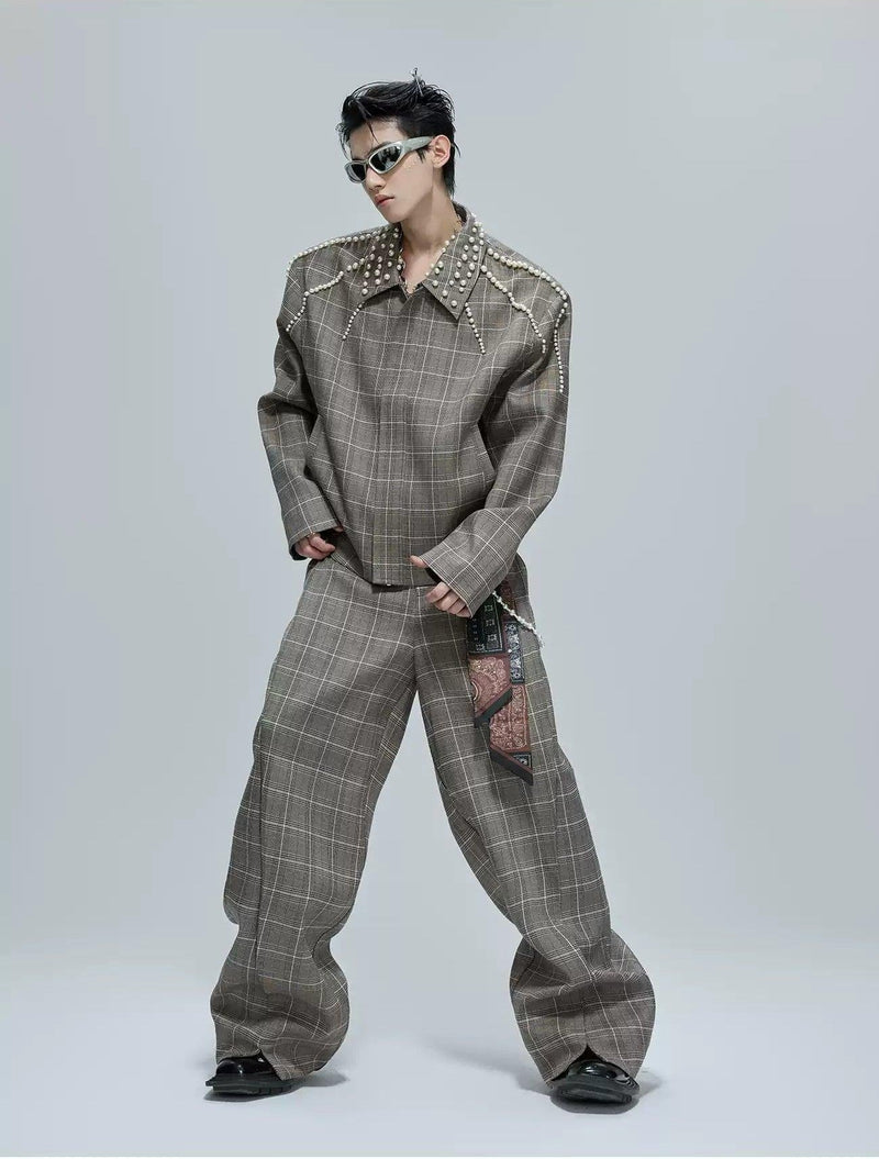 Pearled Line Checked Shirt & Wide Pants Set