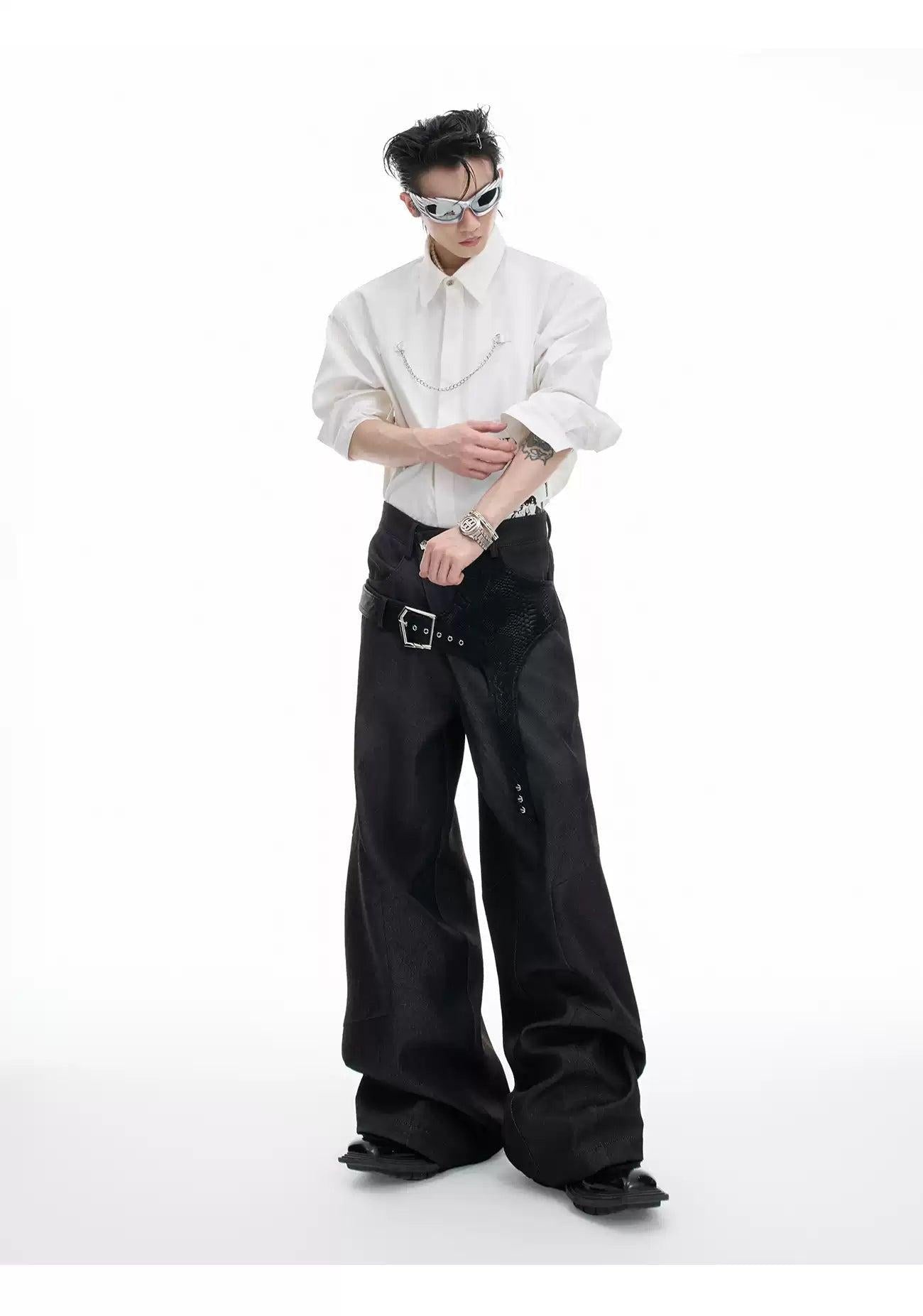 Buckled PU Leather Buckle Flared Pants