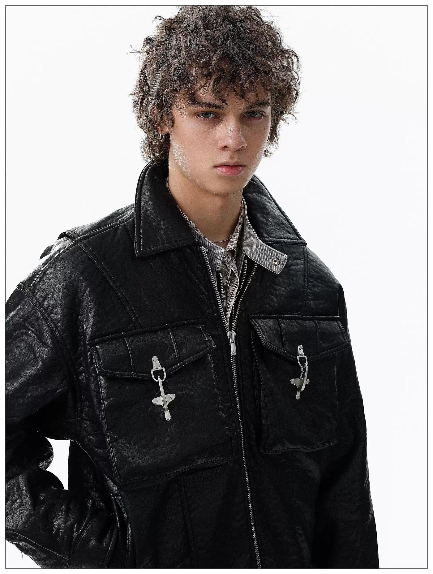 Embossed Pockets Textured PU Leather Jacket