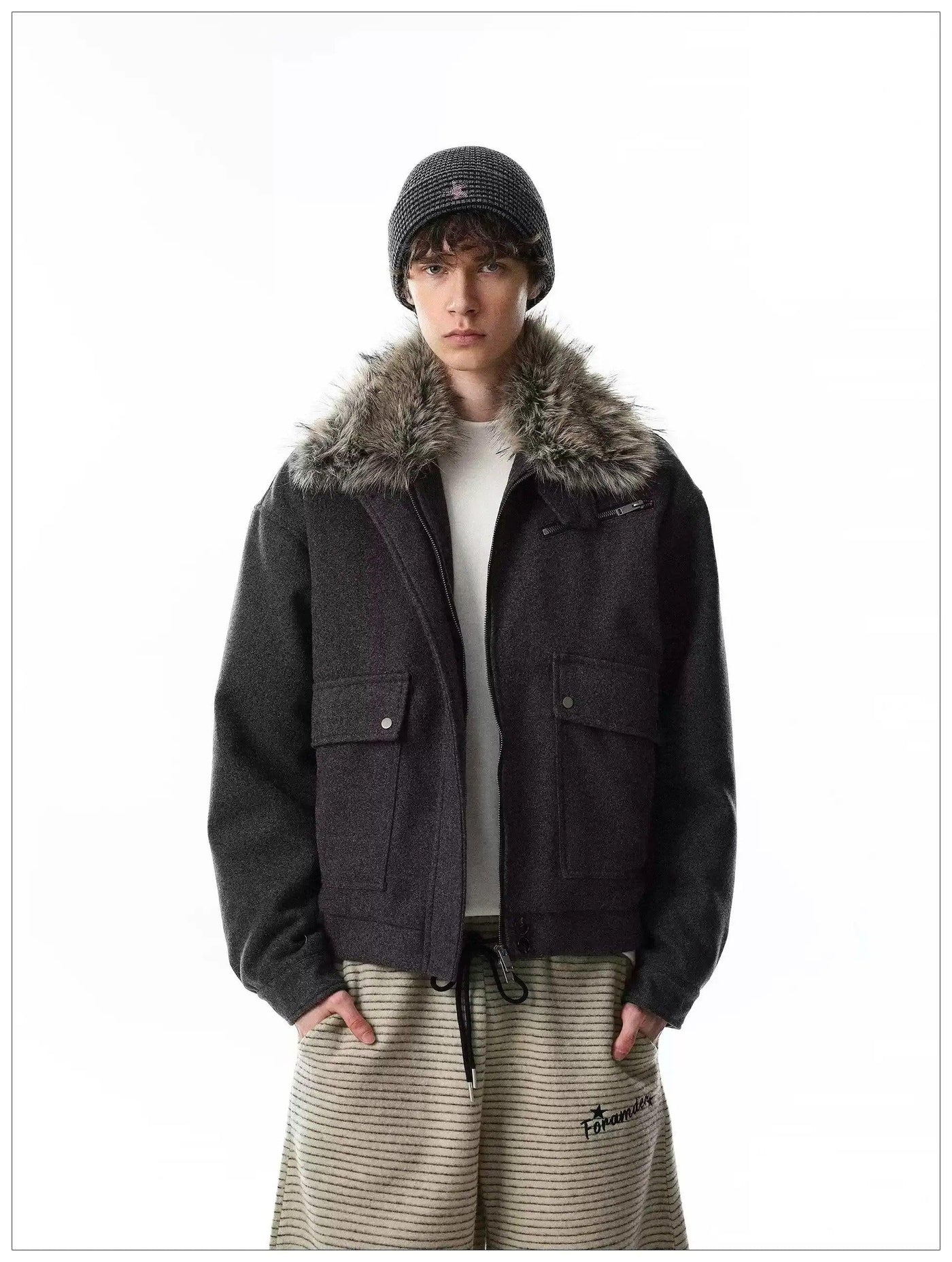Faux Fur Collar Big Pockets Jacket
