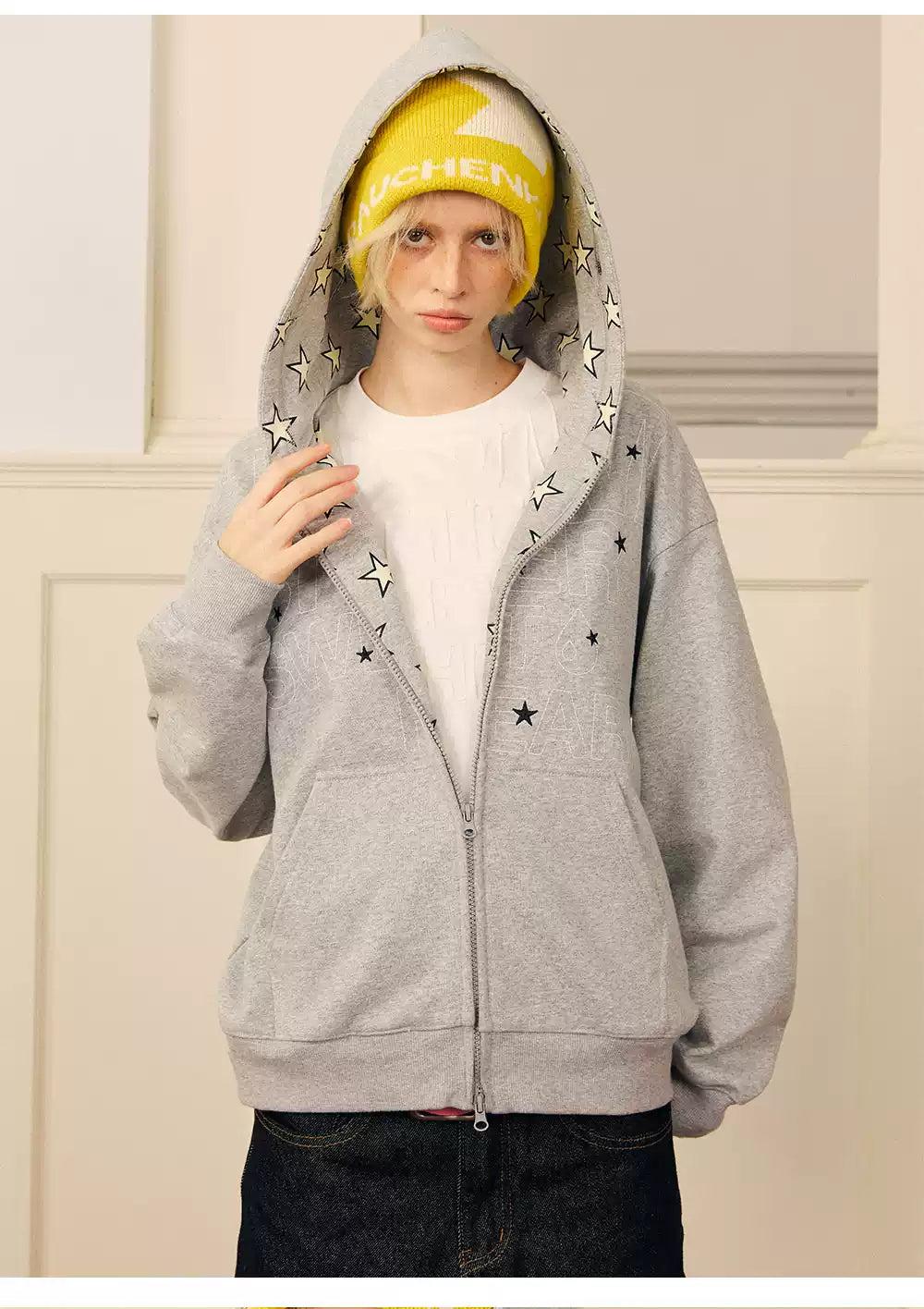 Outlined Logo and Star Print Zipped Hoodie