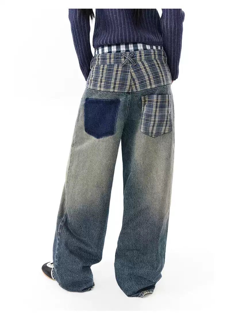 Fade Highlight Plaid Splice Jeans