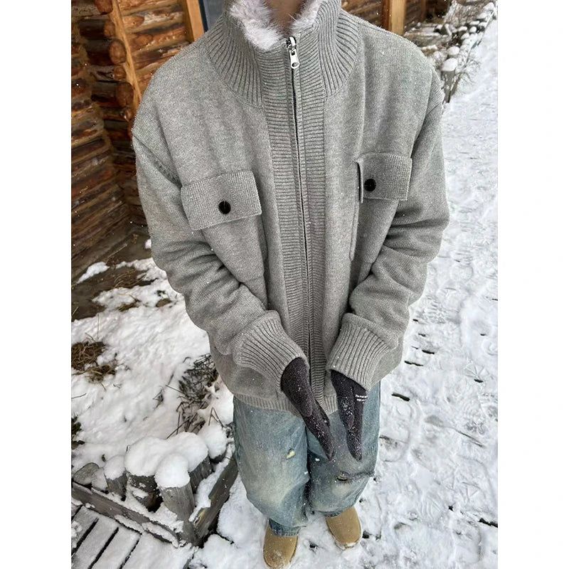 Breast Pocket Faux Fur Knit Jacket