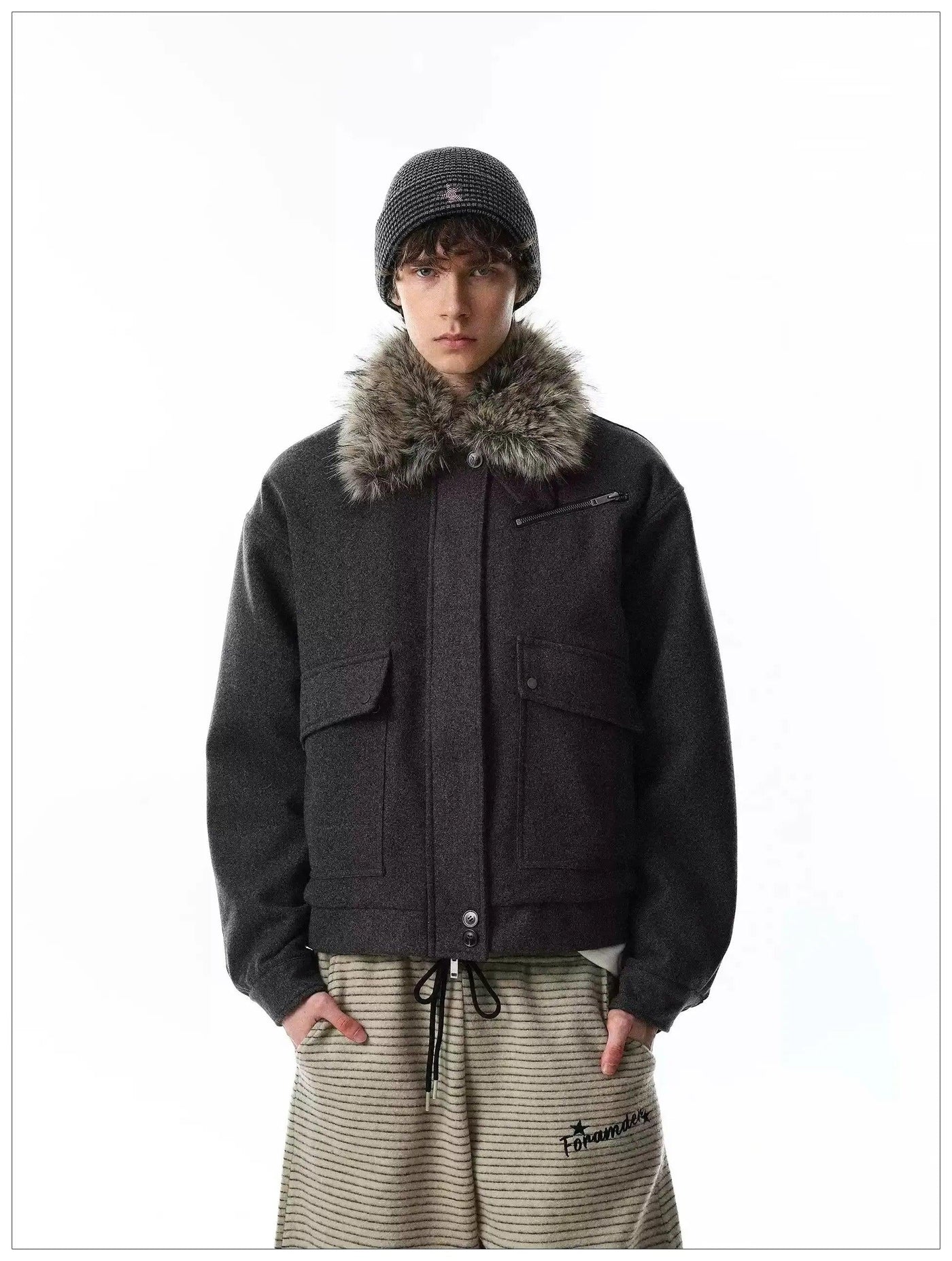 Faux Fur Collar Big Pockets Jacket