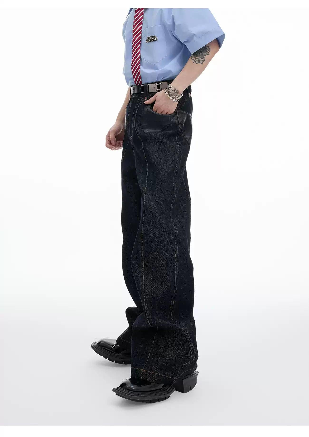 Spliced PU Leather Denim Jacket & Contrast Seamed Jeans Set