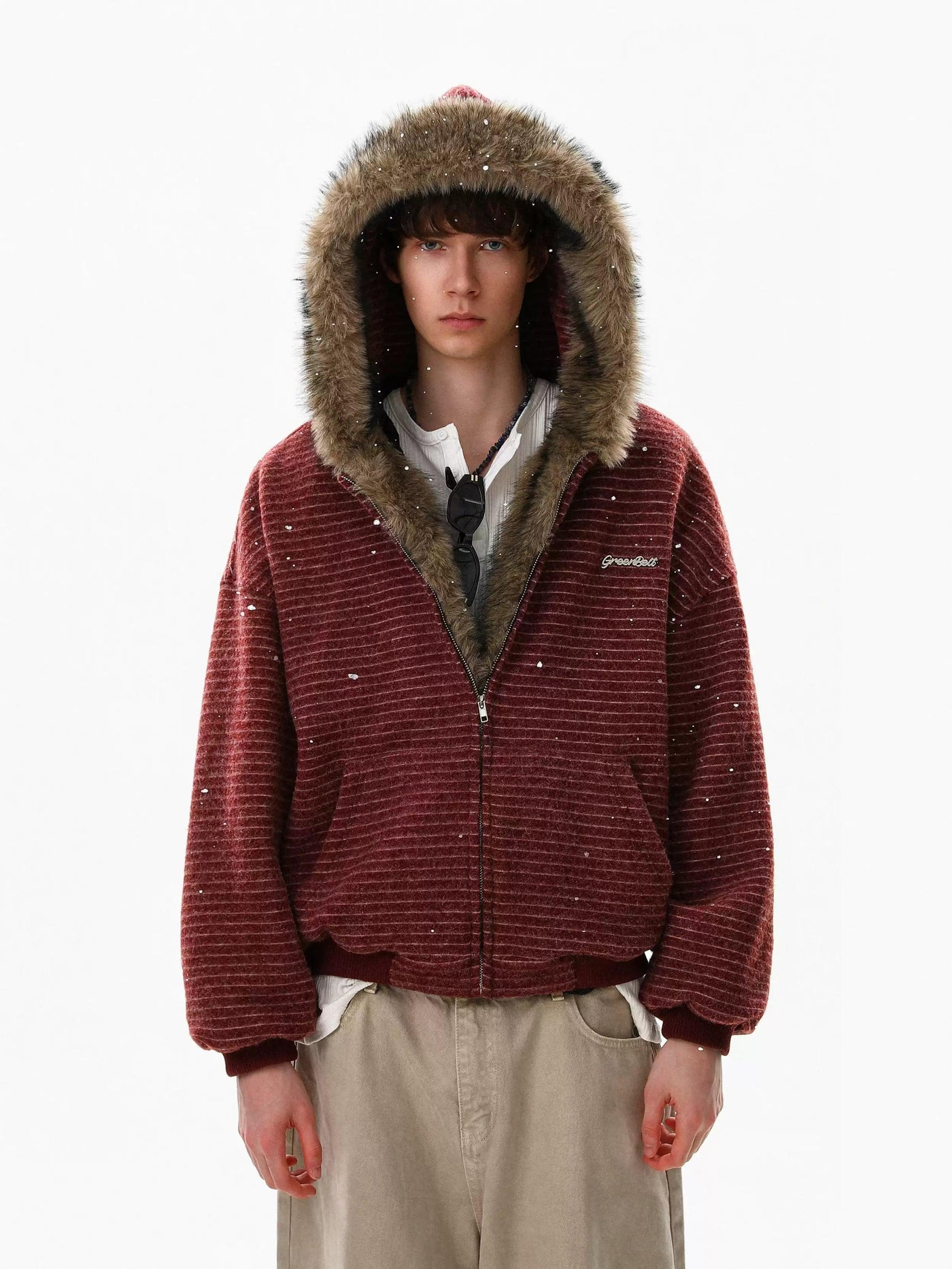 Striped Faux Fur Hood Jacket
