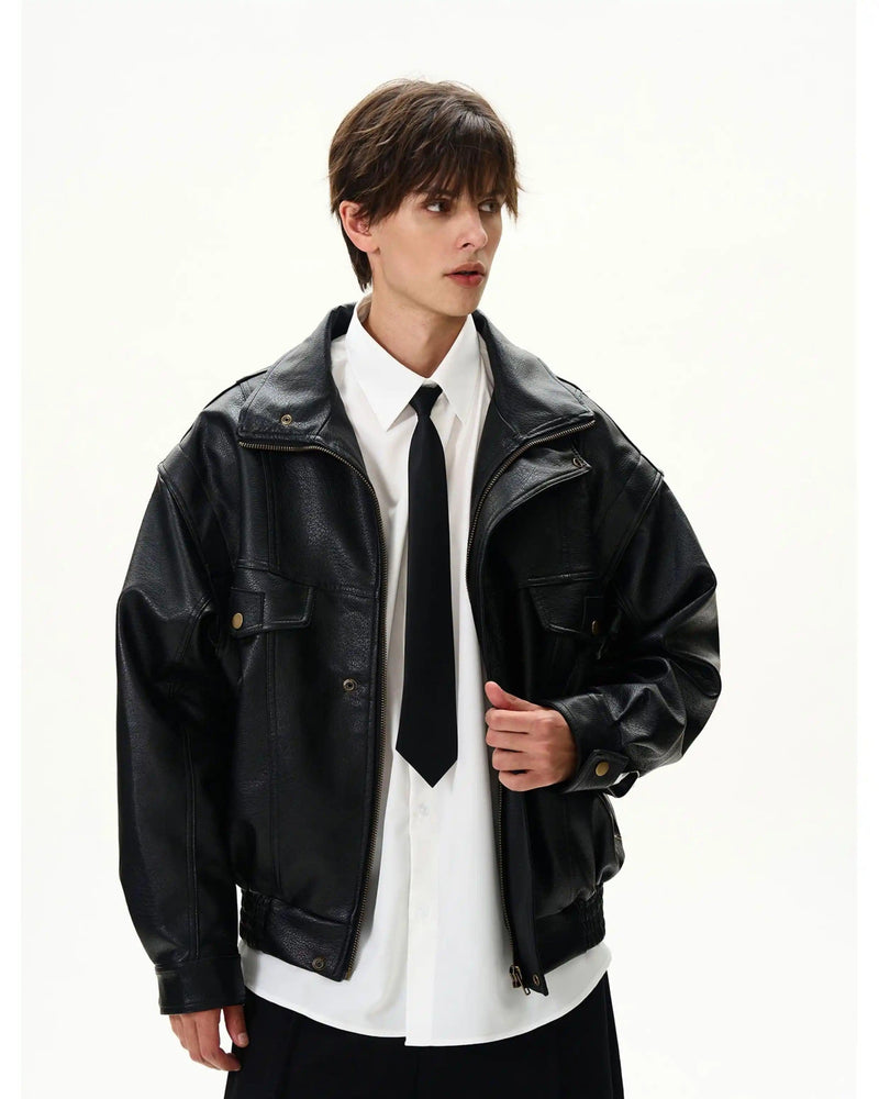 Snap Pockets Textured PU Leather Jacket