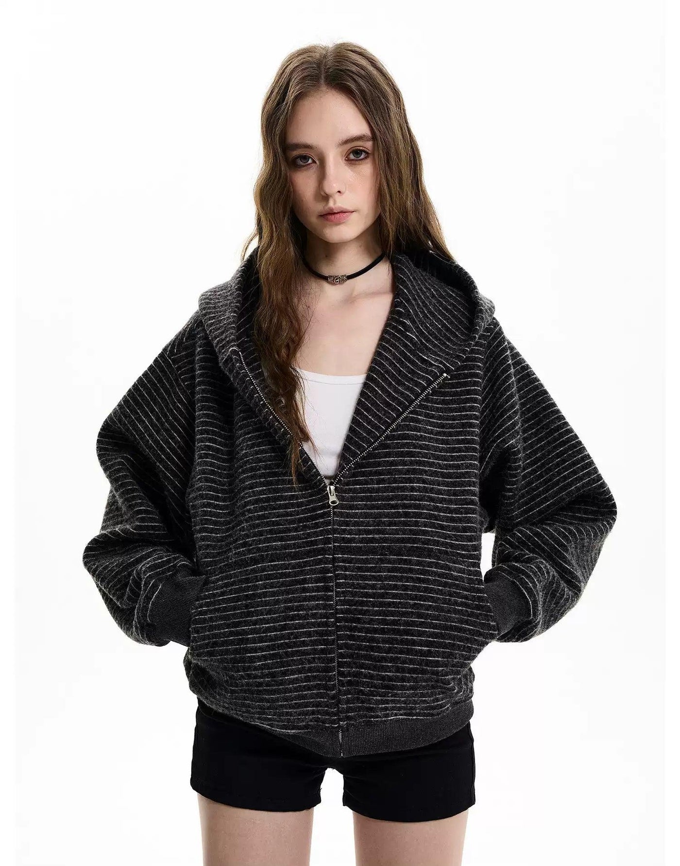 Striped Textured Hooded Jacket
