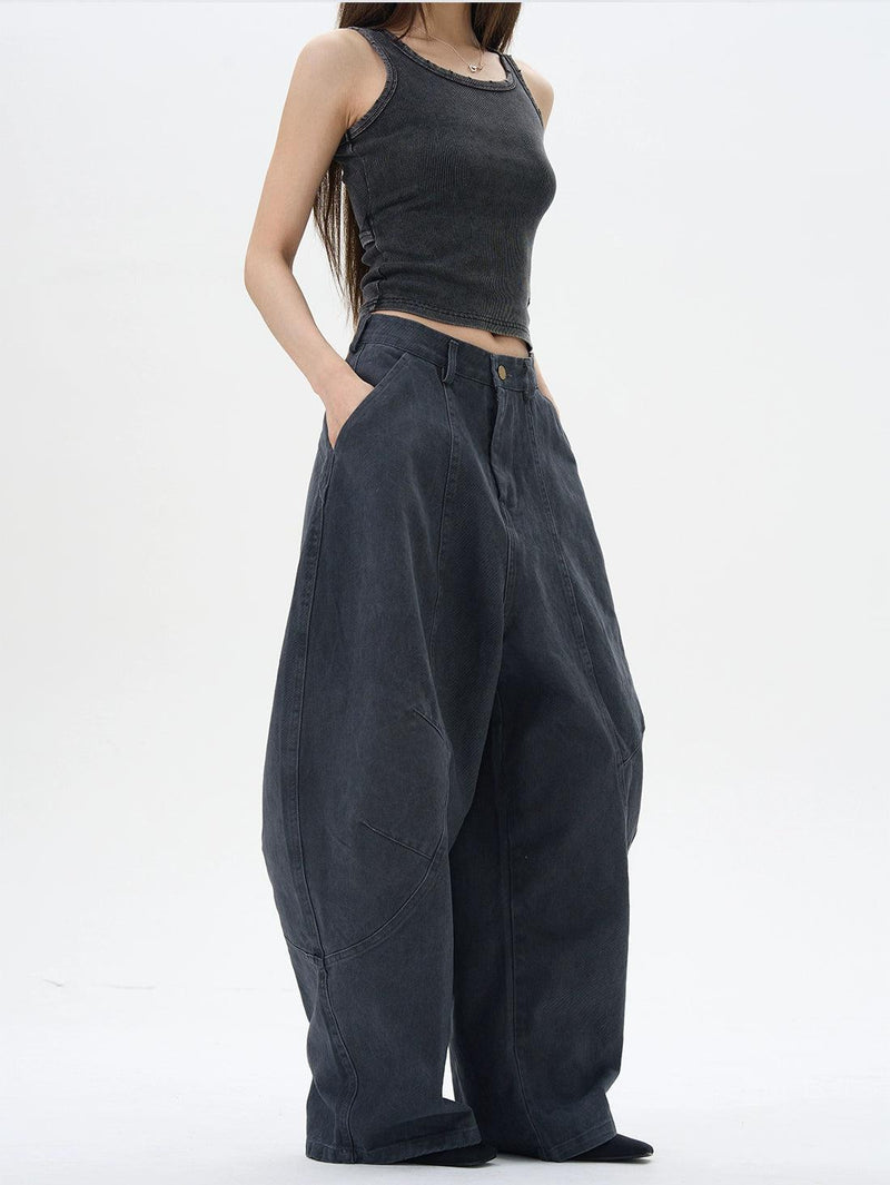 Curved Cut Loose Cargo Pants