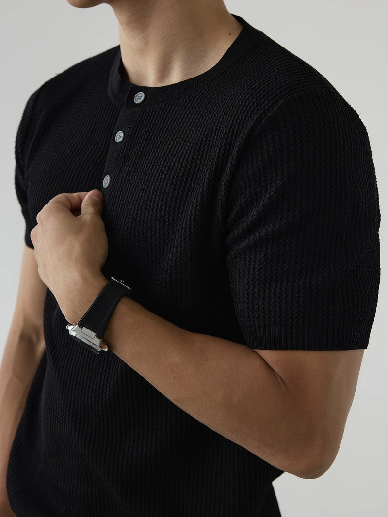 Ribbed Knit Henley T-Shirt