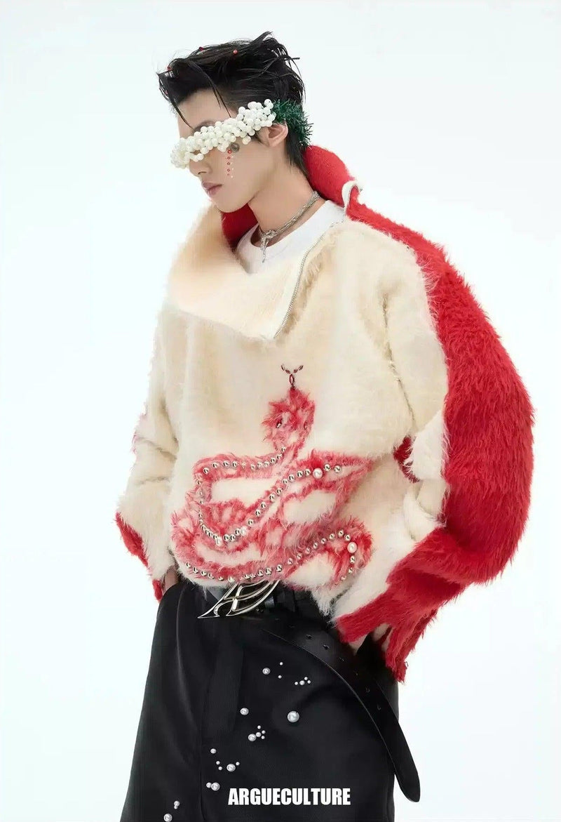Contrast Pearl Lined Snake Fuzzy Sweater