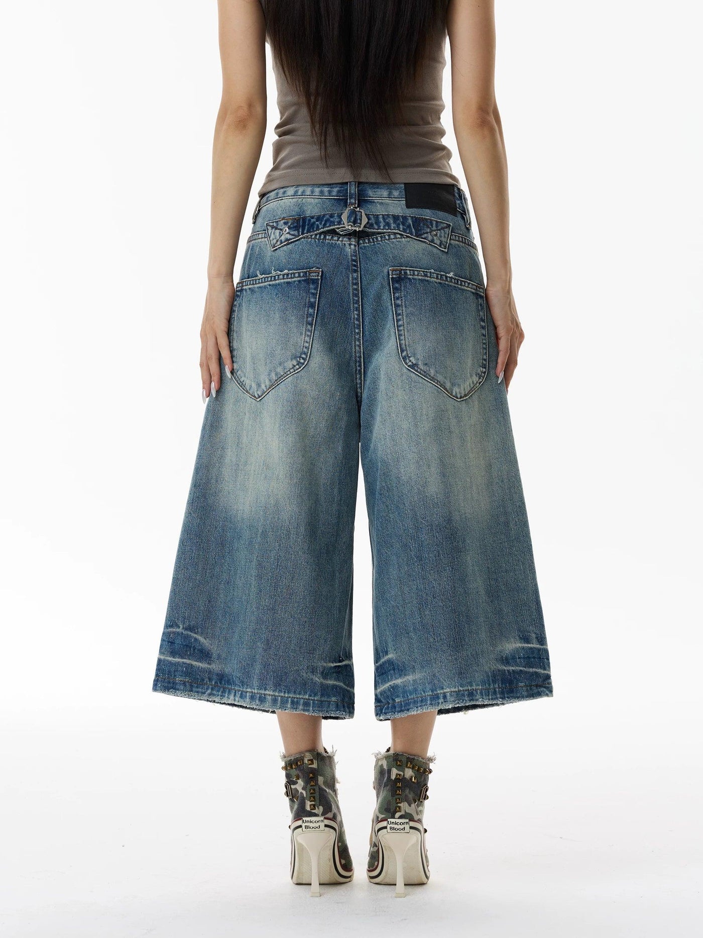 Distressed Wide Leg Denim Shorts