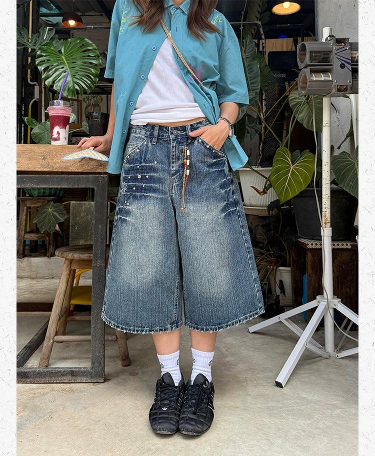 Retro Rivet Faded Denim Shorts
