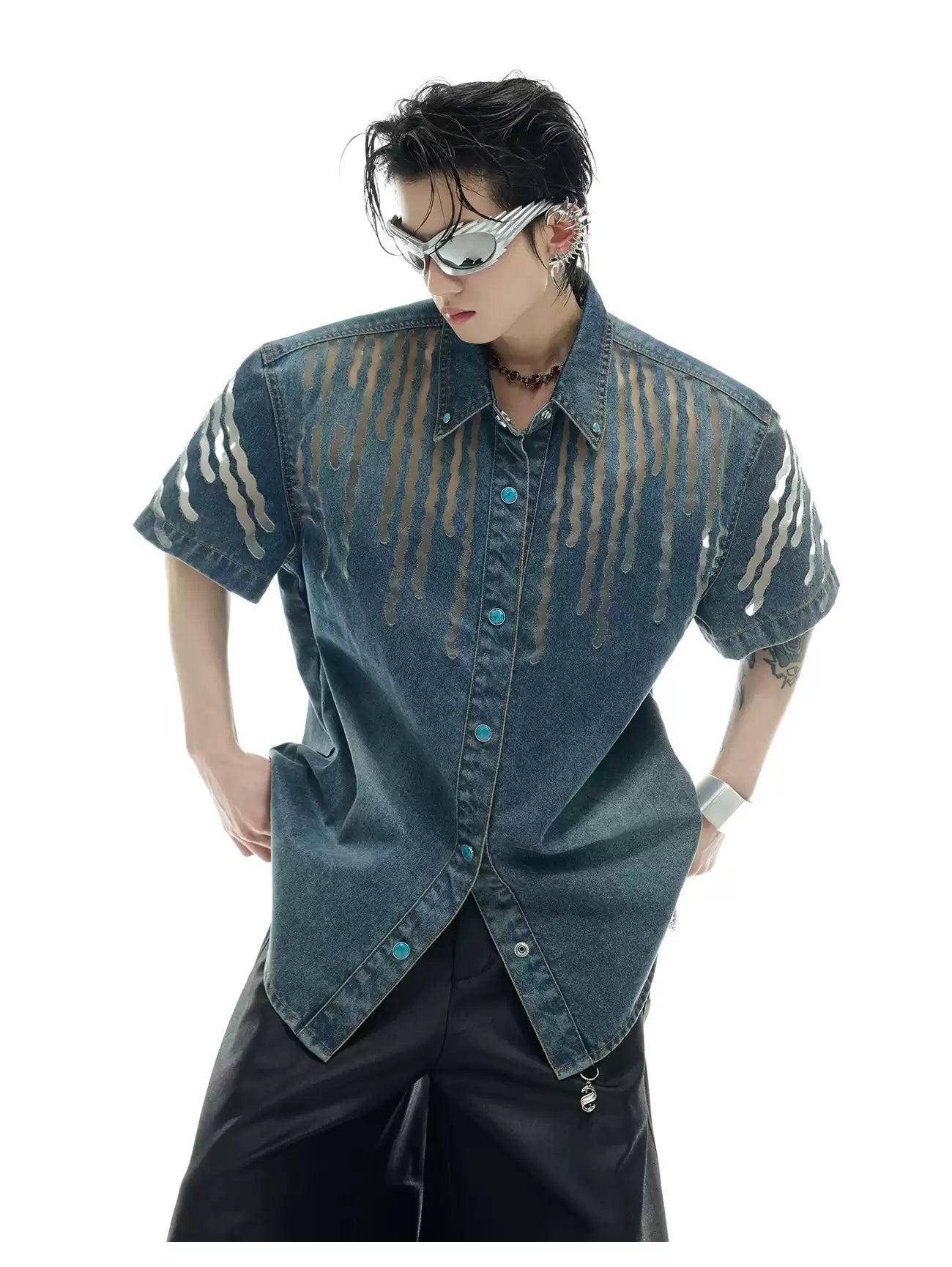 Mesh Spliced Denim Shirt & Wide Jeans Set