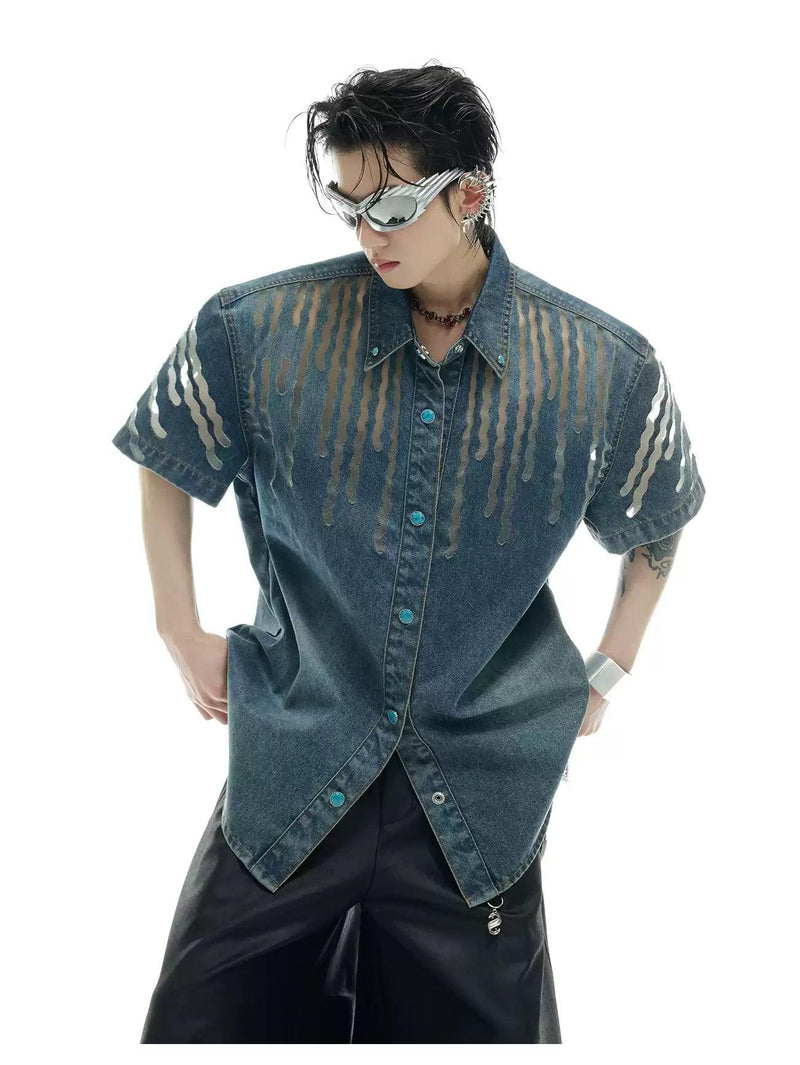 Mesh Spliced Denim Shirt & Wide Jeans Set