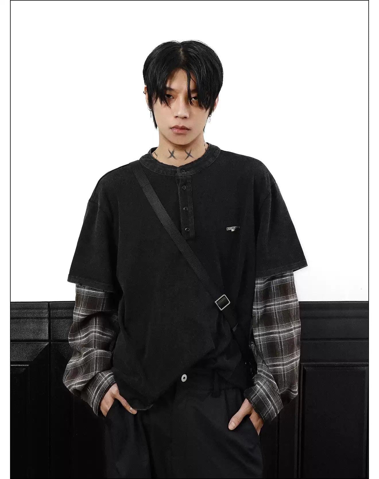 Washed Layered Plaid Long Sleeve T-Shirt
