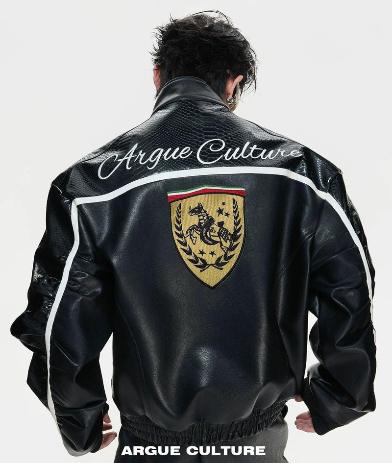Embroidered Contrast Spliced Faux Leather Jacket