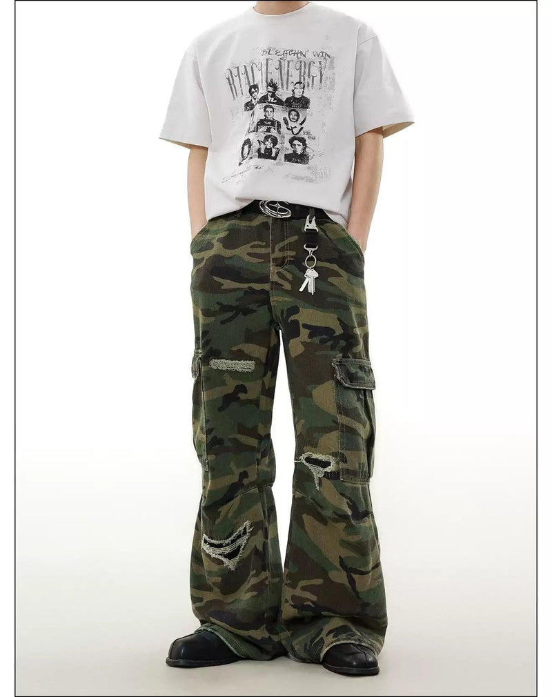 Ripped Frayed Camo Cargo Pants