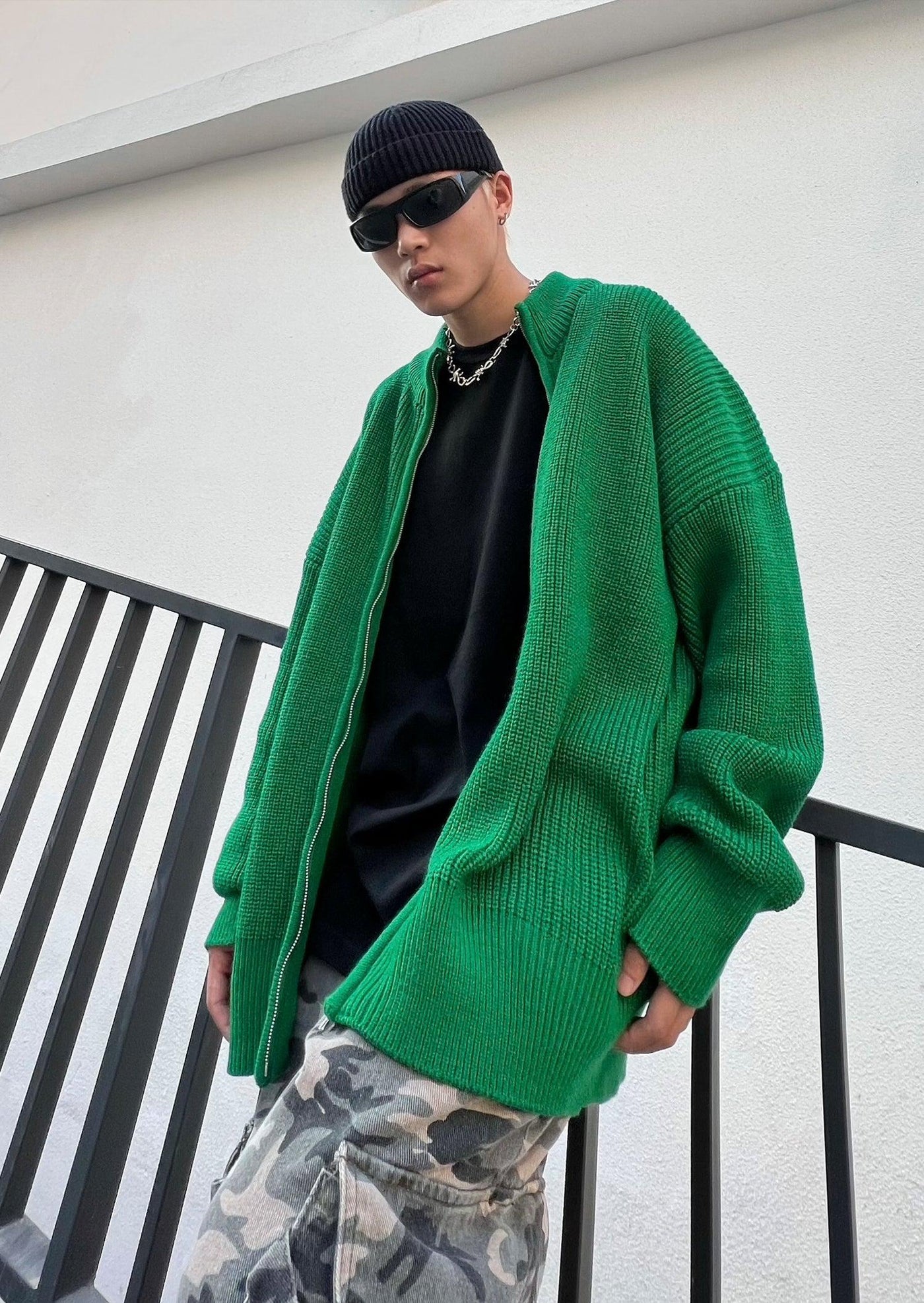 Stand Collar Loose Knitted Zip-Up Jacket