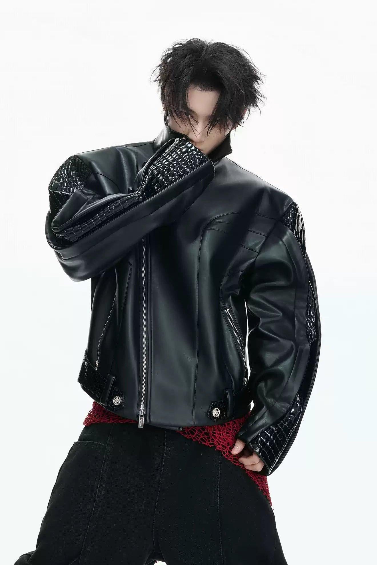 Textured Spliced PU Leather Jacket