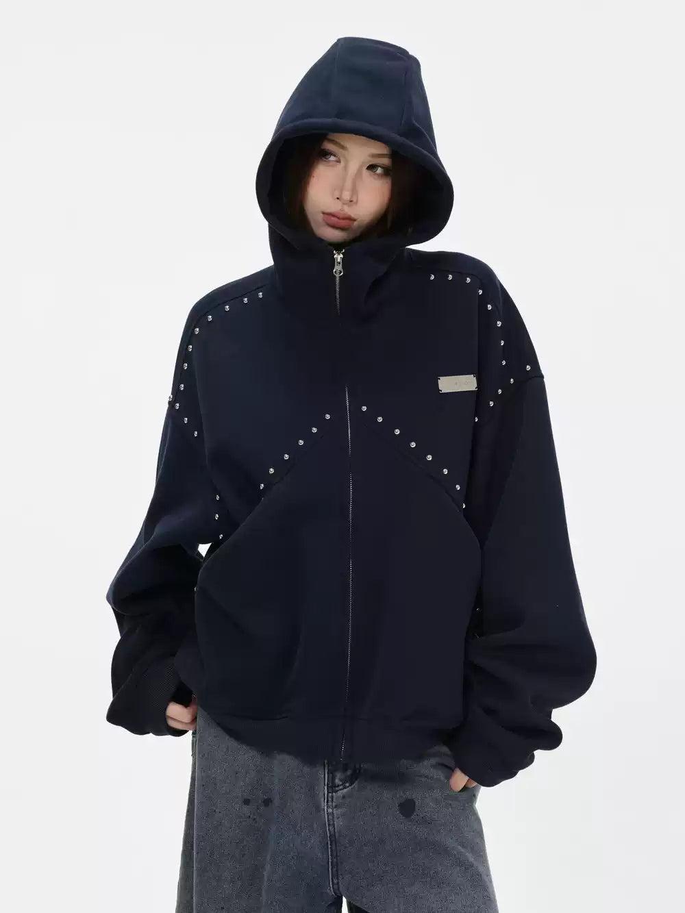 Rivet-Studded Oversize Fit Zip-Up Hoodie