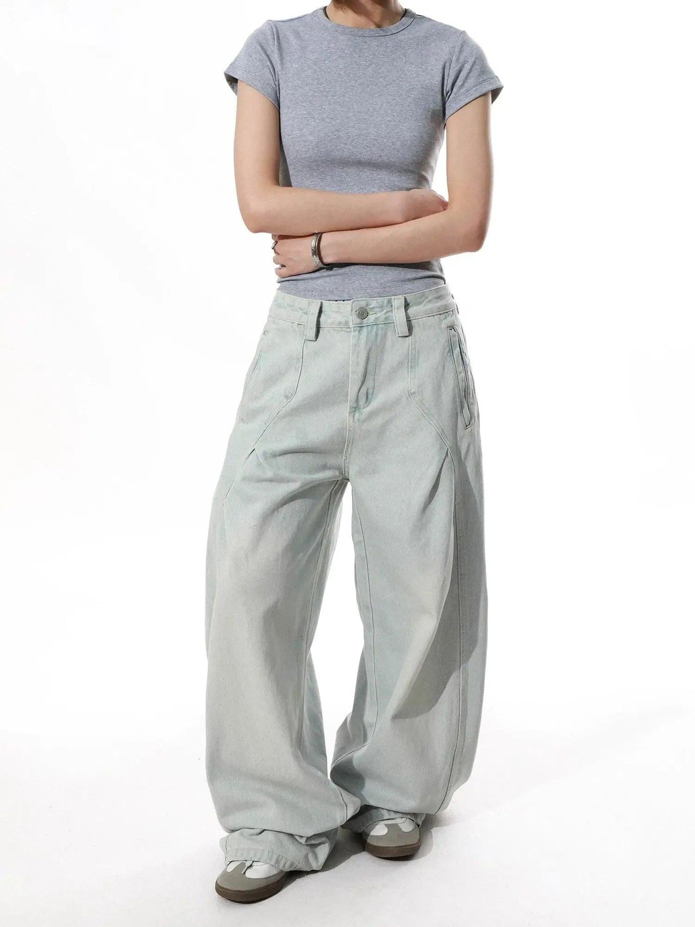 Vintage Pleated Acid Wash Wide Leg Jeans