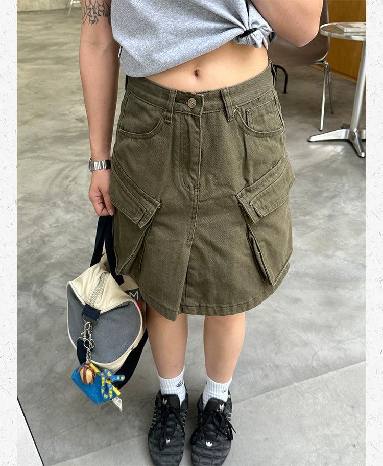 Multi-Pocket Cargo Denim Skirt