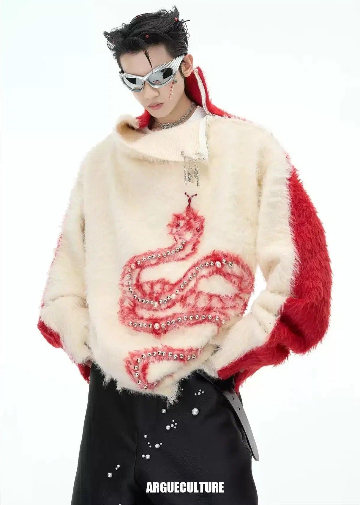 Contrast Pearl Lined Snake Fuzzy Sweater