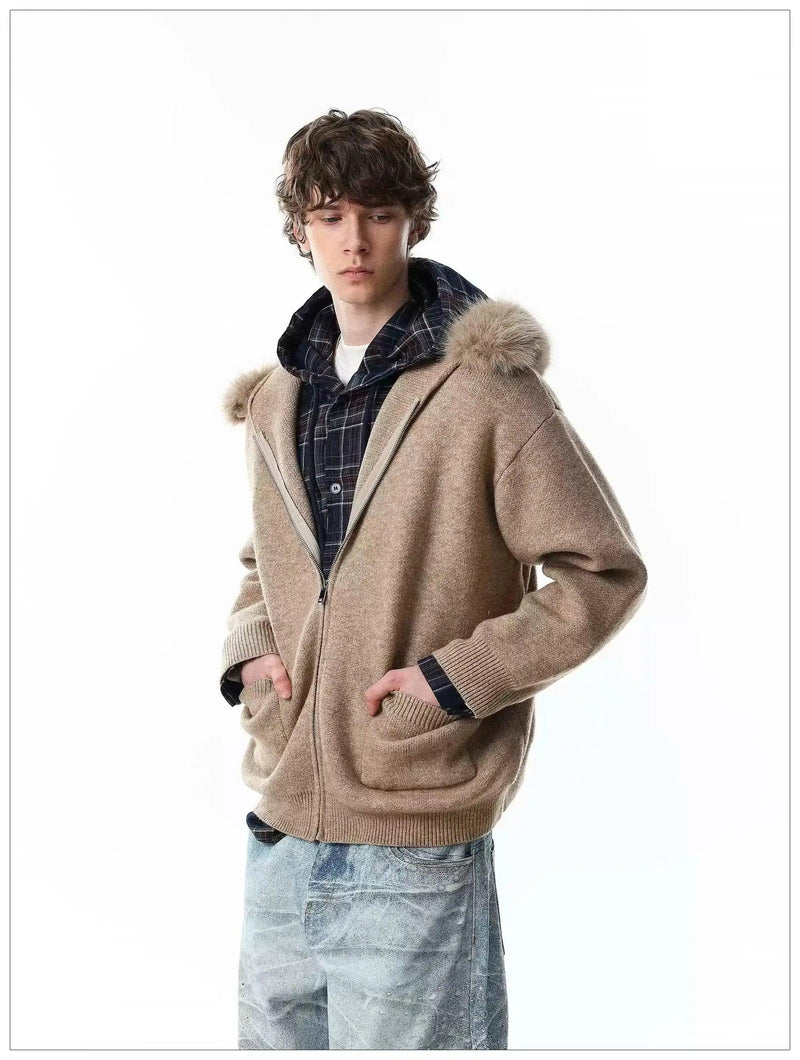 Faux Fur Trim Knitted Hood Jacket